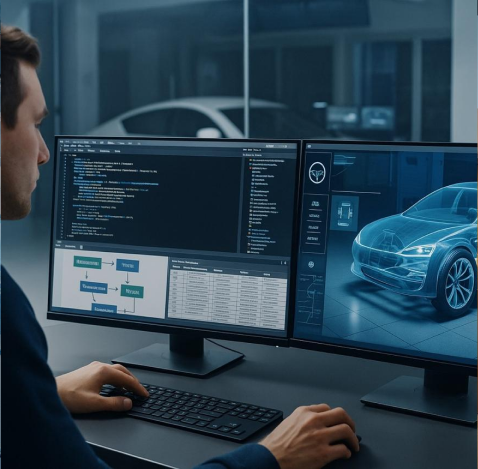 Engineer reviewing vehicle software and a digital car model