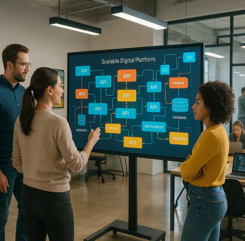 Team reviewing a scalable digital platform diagram