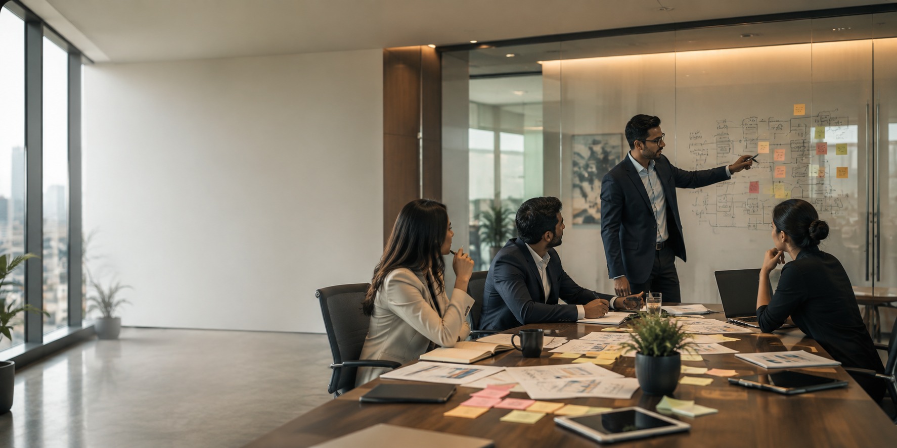Team reviewing a product plan around a conference table