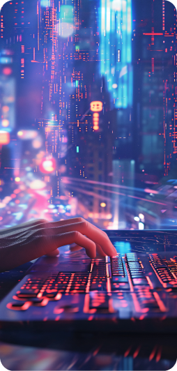 Hands on a keyboard against a neon city of digital code