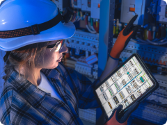 Engineer monitoring PLC and SCADA systems on a tablet
