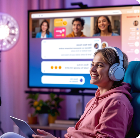 Person using a tablet while a large screen shows a live digital experience