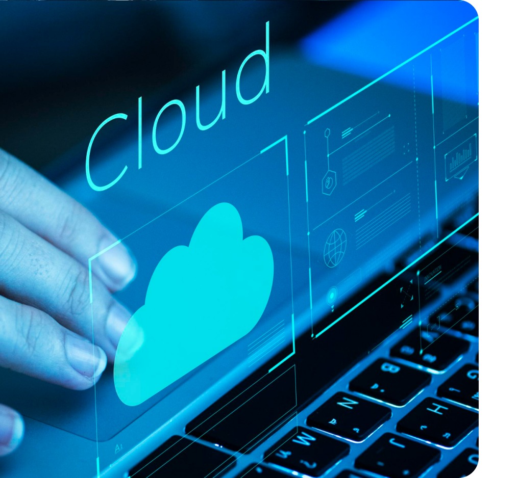 Hand interacting with a glowing cloud interface on a laptop