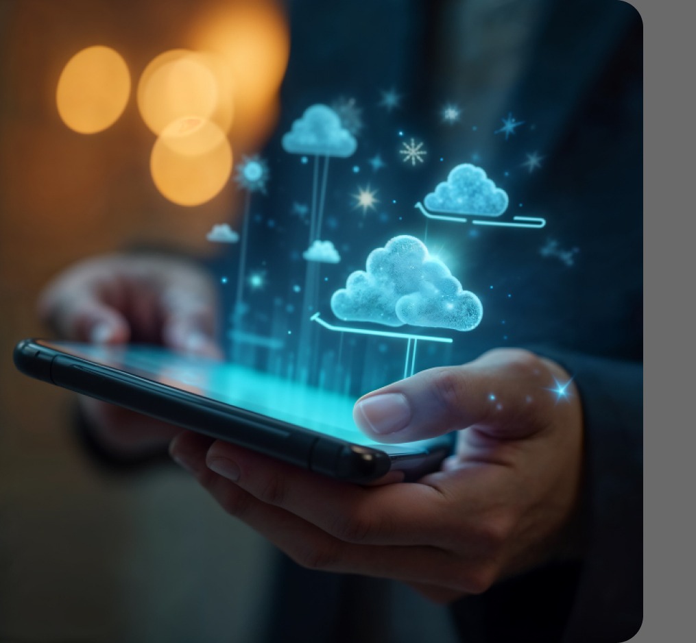 Hybrid cloud icons floating above a smartphone