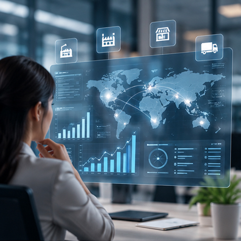 Supply chain control dashboard with a connected world map