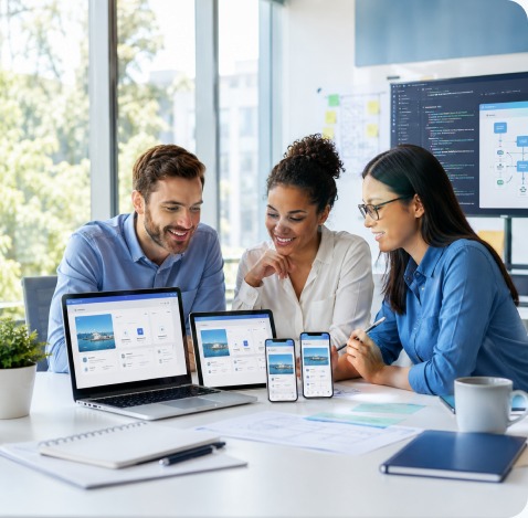 Engineering team reviewing a modernized enterprise application