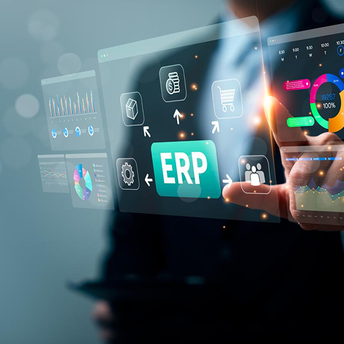 Hand interacting with a holographic ERP intelligence interface
