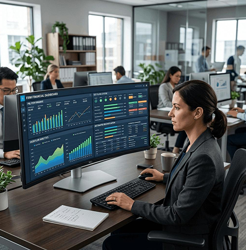 Finance specialist reviewing ERP dashboards on dual monitors