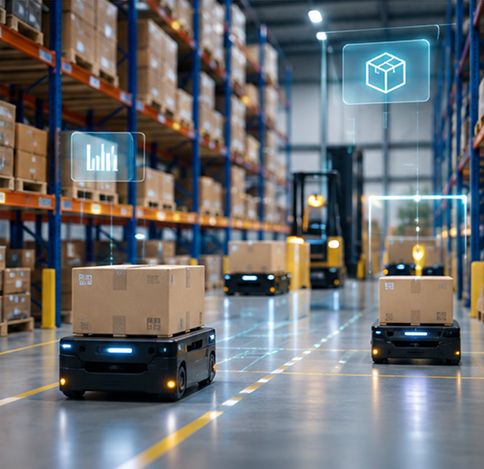 Autonomous warehouse robots moving inventory through a fulfillment aisle