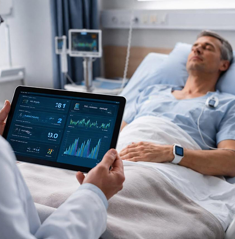 Clinician using a tablet beside a hospital patient