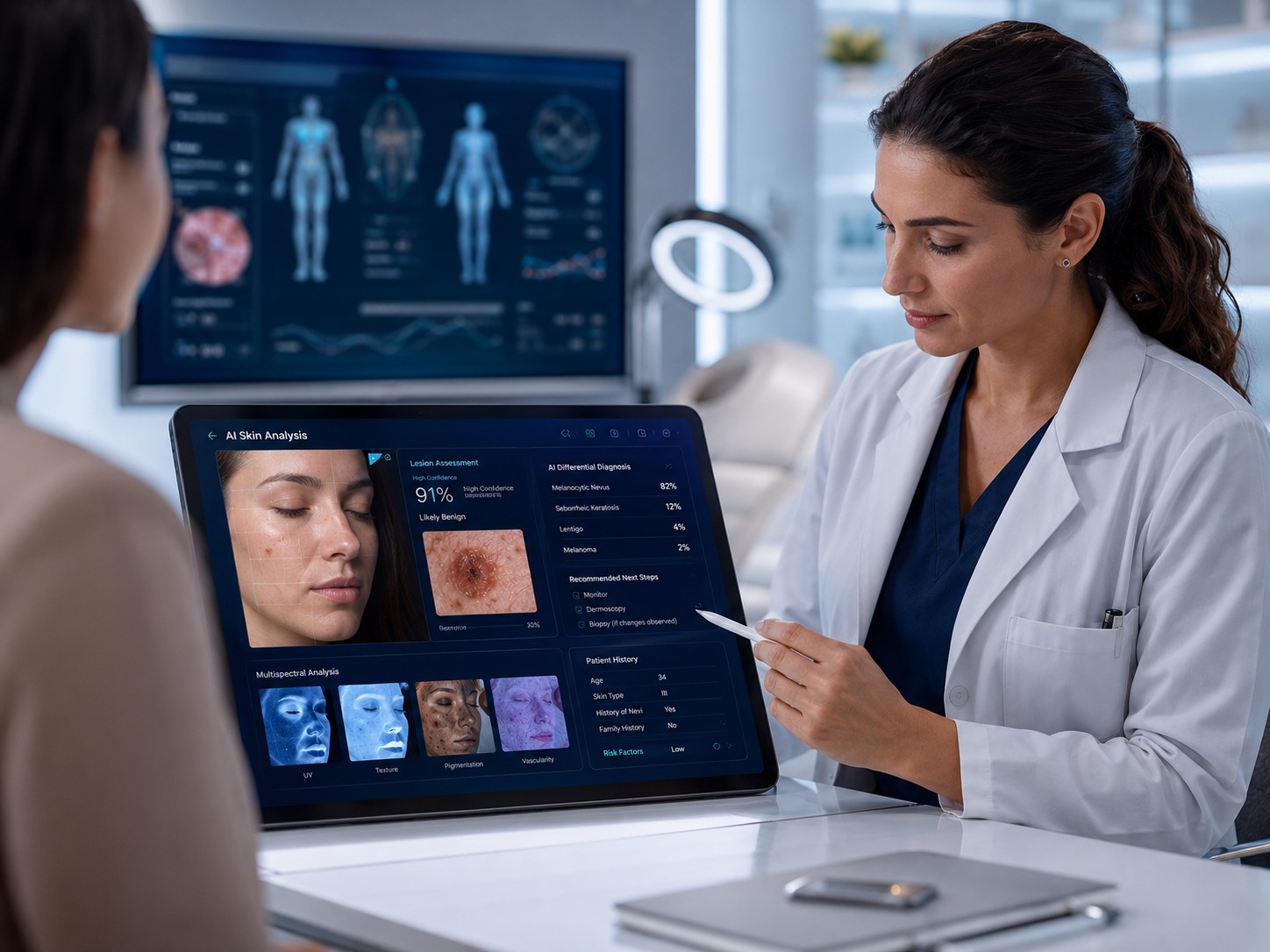 Clinician reviewing AI skin analysis on a tablet
