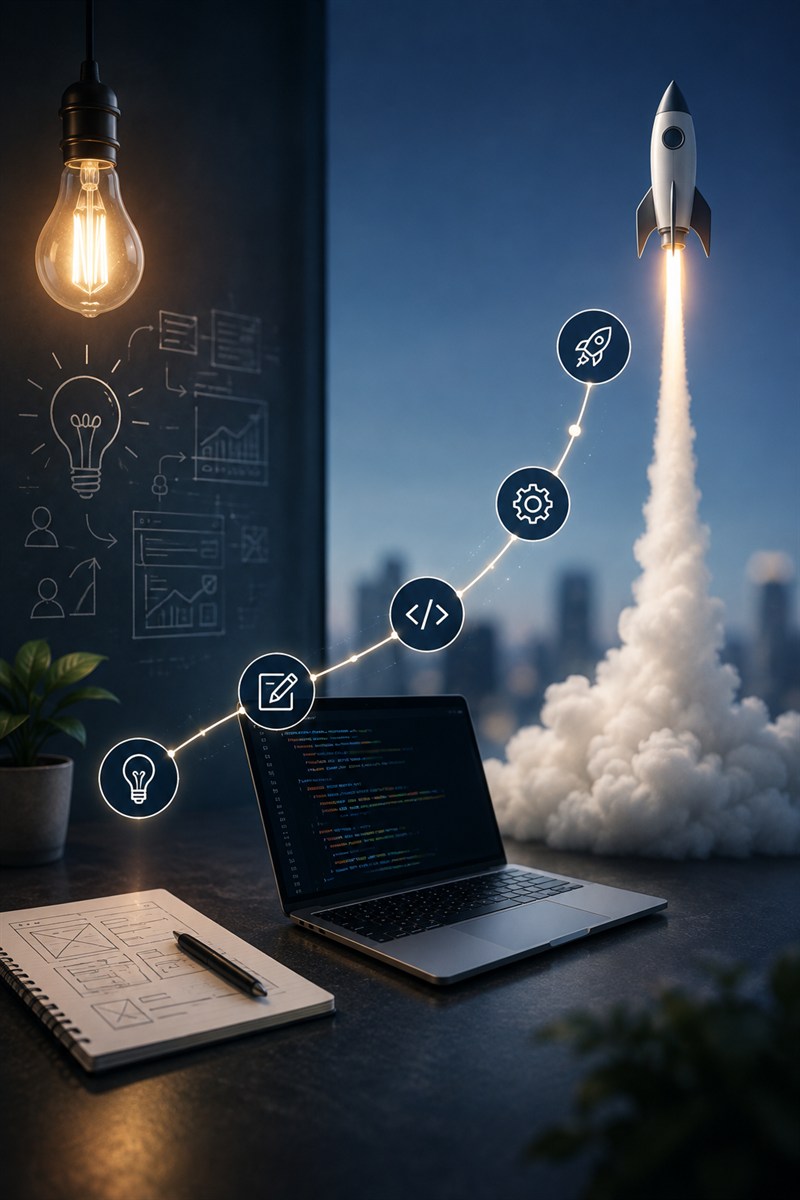 Laptop, lightbulb and rocket illustrating the path from idea to launch