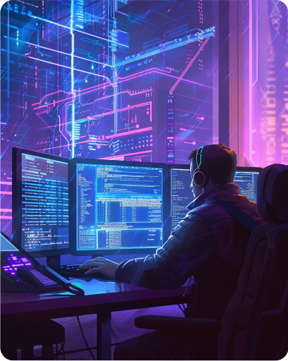 Engineer working at a multi-monitor desk in a neon-lit workspace