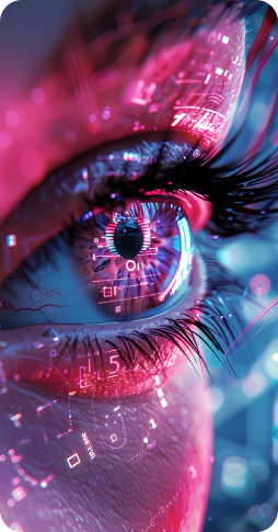 Close-up of an eye overlaid with digital media intelligence graphics
