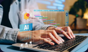 Hands on a laptop with an AI planning dashboard over the keyboard
