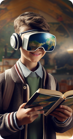 Student wearing a virtual reality headset while reading in a classroom