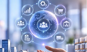 Hand interacting with a connected intelligent ERP network