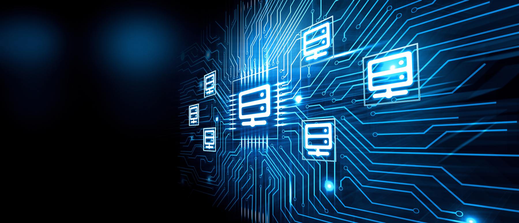 Connected application screens on a glowing circuit board