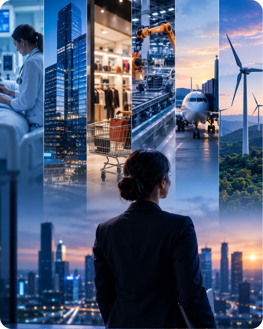 Industry collage with a professional overlooking a city skyline
