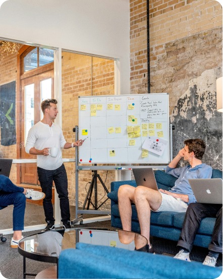 Team collaborating on a product whiteboard