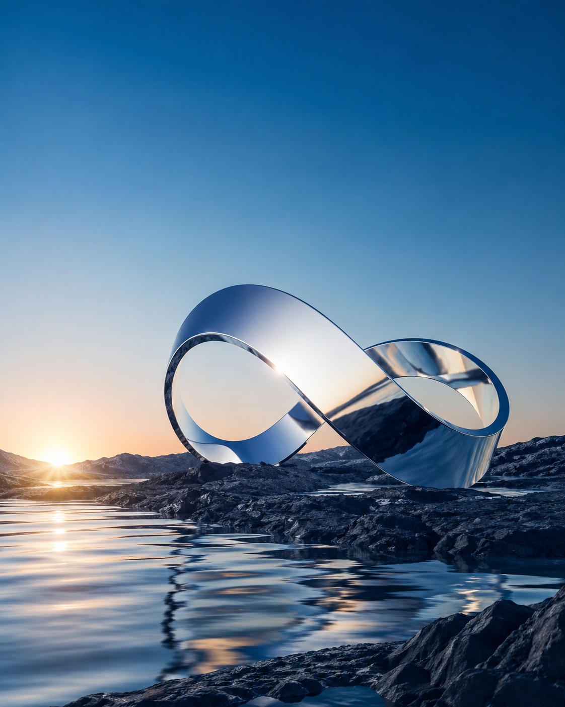 Chrome infinity sculpture on a shoreline at sunset