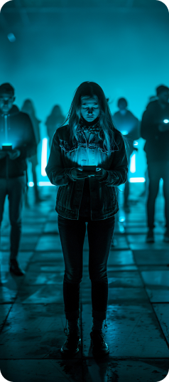 Audience using connected media devices in a dark studio