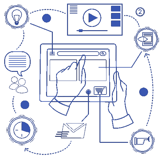 Hands using a tablet surrounded by video, search, and analytics icons