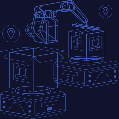 Robotic arm moving labeled packages between conveyor stations
